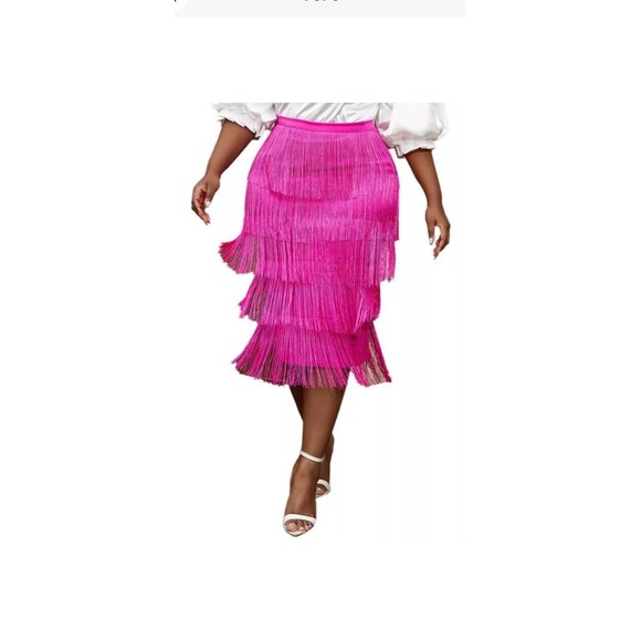 Aomei Women L Tiered Fringe High Waist Pencil Skirt Pink Cha-Cha Skirt New Zip - Picture 8 of 15